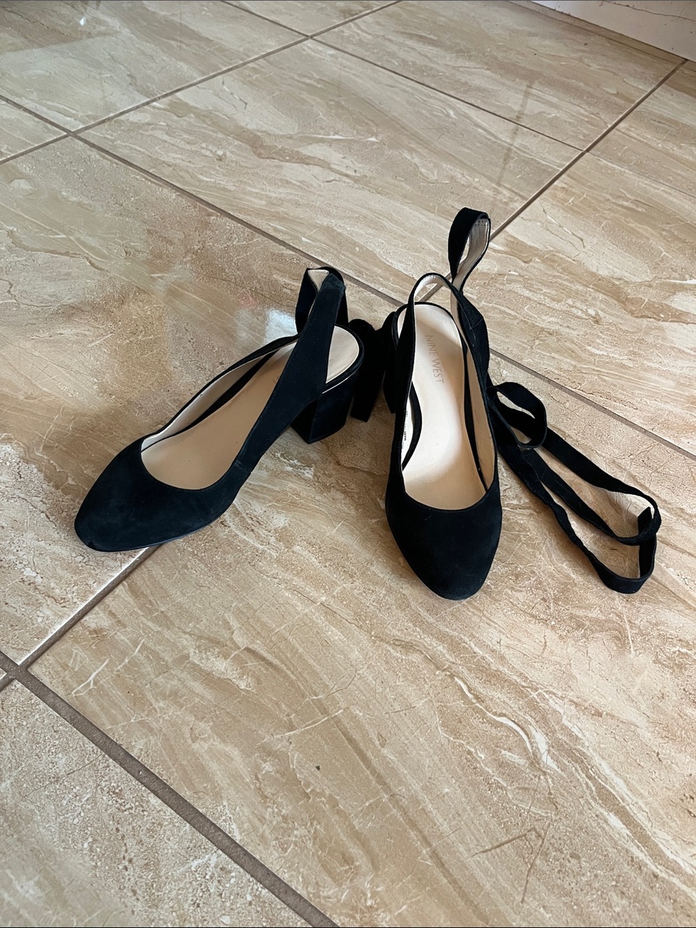 Vintage Black Suede Nine West Slingback Block Heel with Ankle Tie